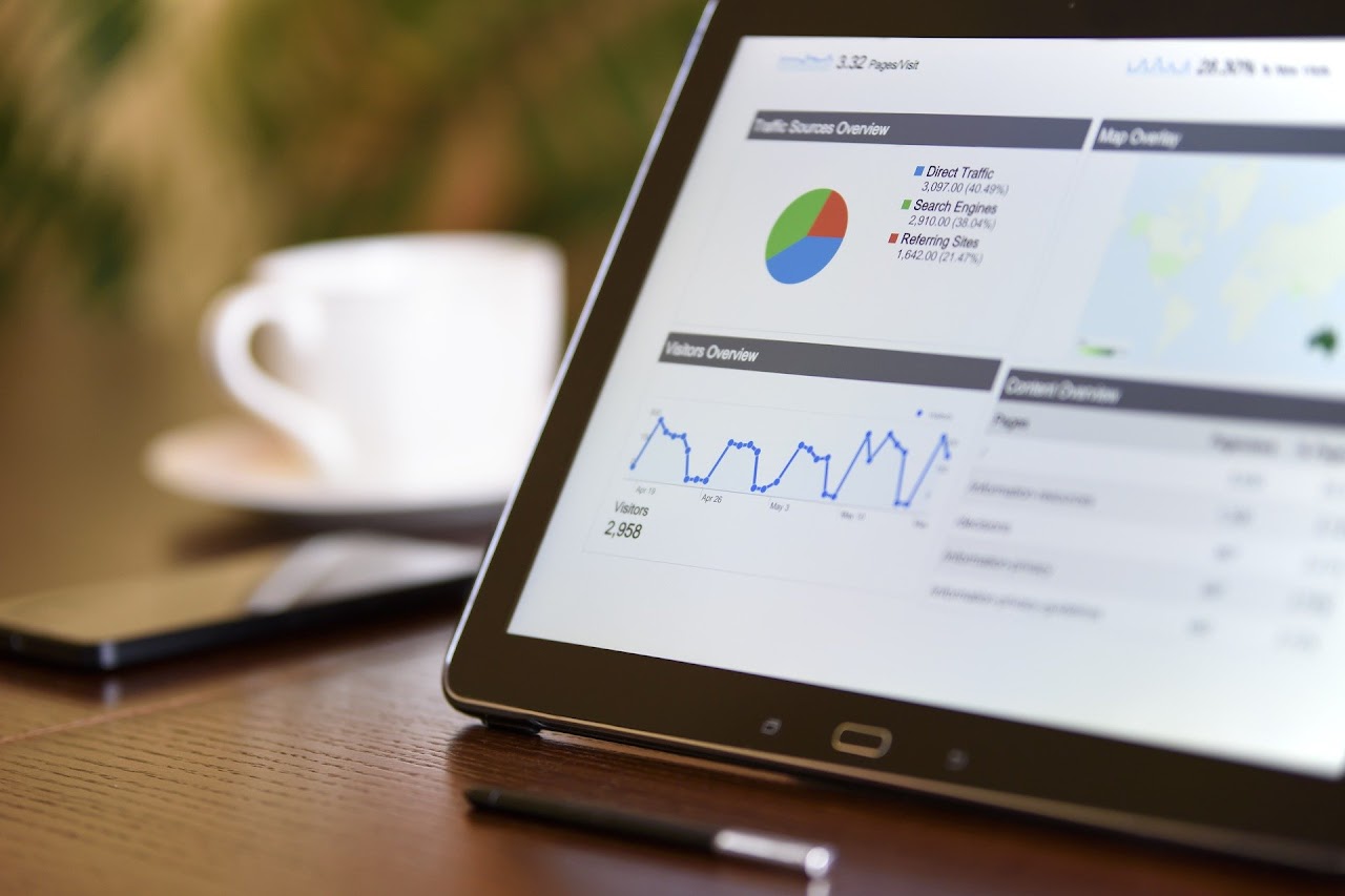 A tablet sitting on a desk displaying website analytics